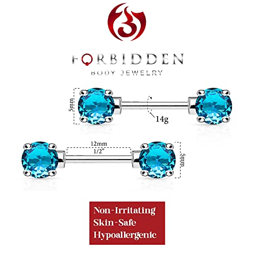 Forbidden Body Jewelry 14g 1/2 Inch (12mm) Surgical Steel & Gold Plated CZ Crystal Front Facing Gemmed Nipple Ring Barbell Set - style: Aqua Blue