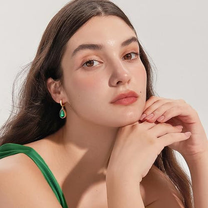 Crystals Teardrop Dangle Drop Earrings, 18K Gold Plated Hoop Earrings Zirconia Jewelry for Women Gifts - color: Green