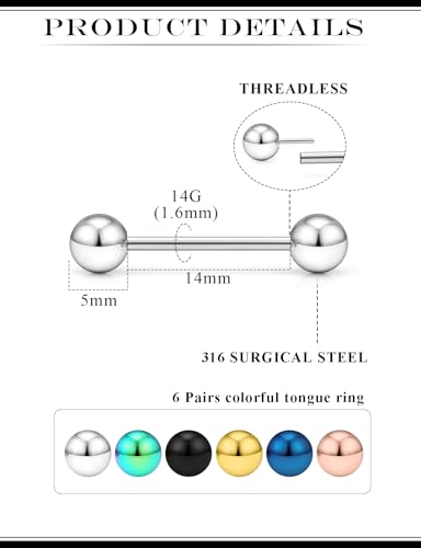 14G Threadless Tongue Rings Piercing Jewelry Surgical Steel Straight Barbell Nipple Tongue Ring Piercing Jewelry For Women Men 14MM 16MM Bar Length Ball Size 5MM Mix Color - size: 14 Gauge-14MM Length Bar