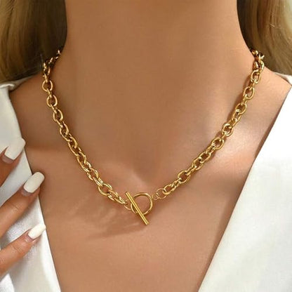18K Gold Plated Chunky Chain Necklace for Women Dainty Cuban Paperclip Chain Toggle Bar Clasp Necklace Thick Trendy Layering Gold Chain Link Stainless Steel Jewelry - style: Chunky Toggle-Gold
