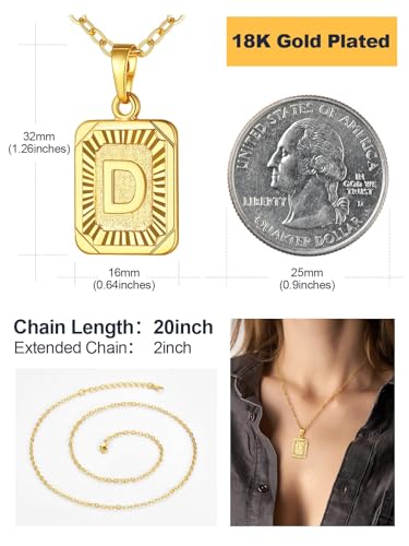 U7 Initial Necklaces for Women, Square Letter Pendant Necklace | Gold & Silver Plated A-Z Pendant | Personalized Large Monogram | 20+2" Adjustable Chain | Gift Packed for Mom Wife Friends - color: a. Gold, style: D