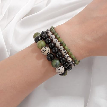 Vinswet 4pcs Beaded Bracelets for Women,Natural Healing Crystal Gemstones Bracelet,Anxiety Stress Relief Bracelet Handmade purple Jewelry Gifts for Women - color: Southern jade&Dalmatian Jasper&Black Obsidian