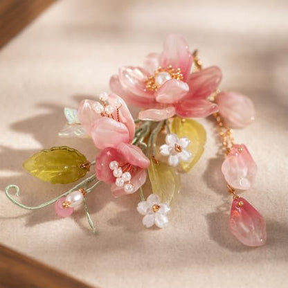 Wedding Hair Clips, Crystal Hair Pins Pearl Rhinestone Hair Barrettes, Bridal Flower Hair Pieces Pearl Headpieces Hair Accessories for Women Girls (Pink&Green) - color: Pink&Green