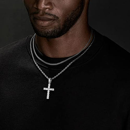 GEMOSA Cross Necklace for Men, Cuban Link Layered Rope Chain Silver/Gold/Black - color: Silver, size: 16/18 inch
