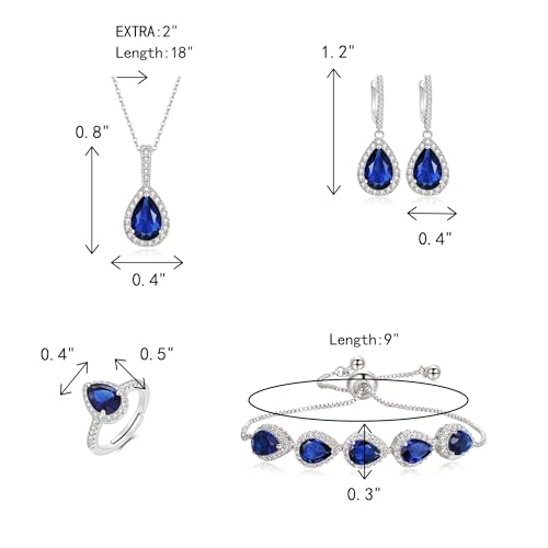 Crysdue Wedding Bridal Teardrop CZ Pendant Necklace Open Ring Dangle Earrings Adjustable Slider Bracelet Jewelry Set, Birthday Mothers Day Christmas Jewellery Gift for Women/Mom/Wife - style: 01-Teardrop Blue Silver-Tone