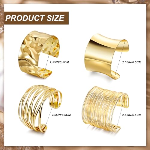 4Pcs Chunky Gold Cuff Bracelects for Women Gold Bangles Irregular Minimalist Statement Bangle Bracelets Set Open Wide Bangle Upper Arm Cuff Jewelry - color: Gold-A