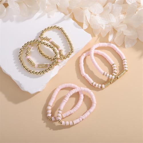 Heishi Clay Bead Bracelets Pack for Women Boho Friendship Stretch Bracelets Set Stackable Gold Beads Bracelets Jewelry for Gift - color: pink