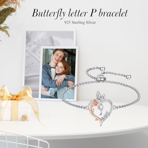TOUPOP Gifts for Women Rose Heart Initial Bracelet 925 Sterling Silver Butterfly Letter Link Bracelet Love Jewelry Anniversary Birthday Gifts for Wife Girlfriend Mom Her - style: Initial P