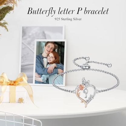 TOUPOP Gifts for Women Rose Heart Initial Bracelet 925 Sterling Silver Butterfly Letter Link Bracelet Love Jewelry Anniversary Birthday Gifts for Wife Girlfriend Mom Her - style: Initial P
