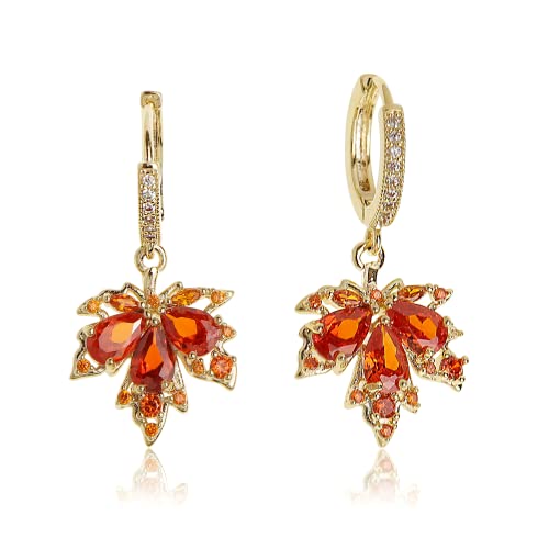 Sonateomber Gold Silver Small Hoop Dangle Earrings for Women, Trendy Dainty Rhinestone CZ Dangling Prom Wedding Leaf Flower Snowflake Butterfly Starfish Fashion Jewelry Gift - color: Orange Leaf