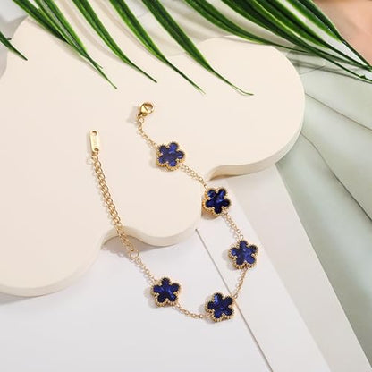 TICVSS Four Leaf Clover Bracelet for Women 18K Gold Plated Stainless Steel Lucky 4 Leaf Gold Link Bracelet Jewelry Gift for Women - color: Dark blue
