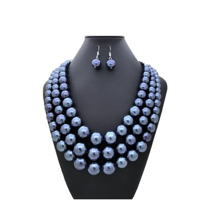 Simulated Pearl Necklace & Earring Set, Multi Strand - color: Dark Gray