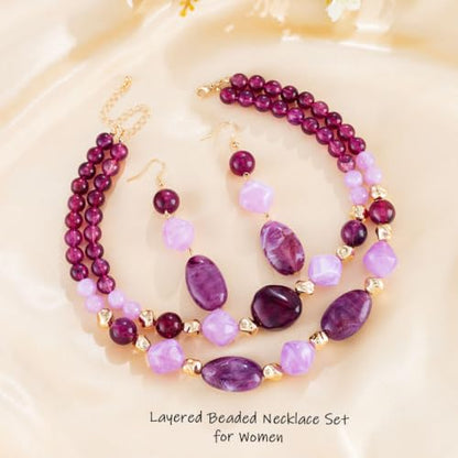 Layered Beaded Necklace and Earring Set Acrylic Beads Necklace Set Bohemian Chunky Jewelry Set for Women Beach - color: Purple