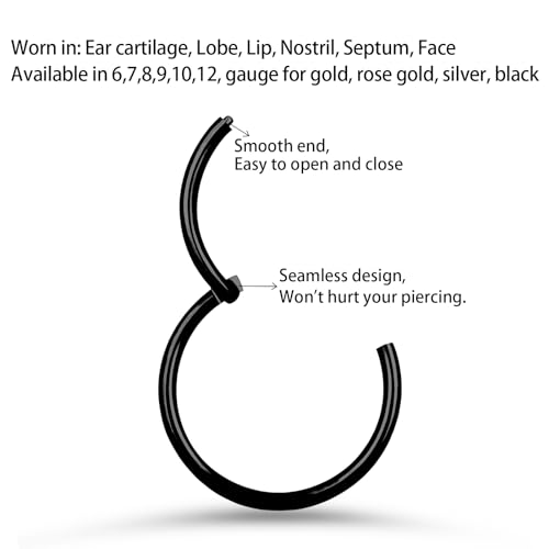 2Pcs Titanium Nose Rings 20G 18G 16G 14G Nose Rings Hoops Diameter 5mm to 12mm Silver-Gold-Rose Gold-Black Cartilage Helix Tragus Daith Rook Hoop Earrings Hinged Segment Septum Clicker Body Piercing Jewelry - color: Black