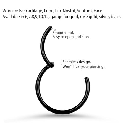 2Pcs Titanium Nose Rings 20G 18G 16G 14G Nose Rings Hoops Diameter 5mm to 12mm Silver-Gold-Rose Gold-Black Cartilage Helix Tragus Daith Rook Hoop Earrings Hinged Segment Septum Clicker Body Piercing Jewelry - color: Black
