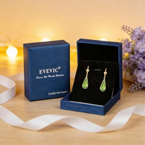 EVEVIC Teardrop Austrian Crystal Leverback Dangle Drop Earrings for Women | 14K Gold Plated,Classic Teardrop Elegance,Leverback for Easy Secure Wear,Gift Box Included, Brighten Up Daily and Party Looks - color: Fern Green