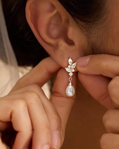 14K Gold Plated/Sterling Silver CZ Pearl Drop Dangle Earrings for Women - color: Gold-Pearl with CZ