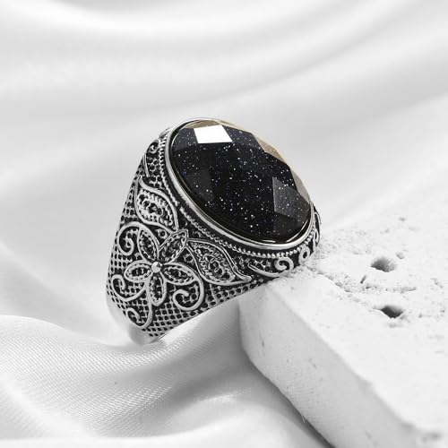 Retro Large Tiger Eye Stone Turquoise Wedding Ring For Men Classical Gothic Stainless Steel Rings - color: Silver-Black