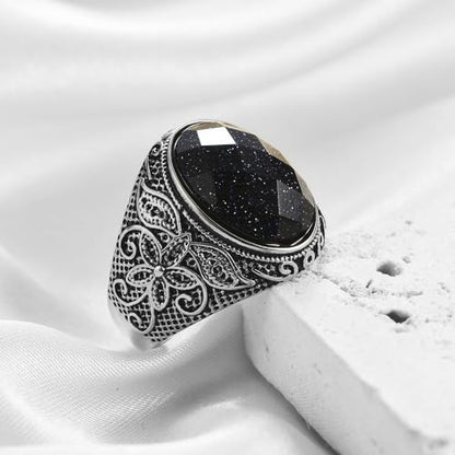 Retro Large Tiger Eye Stone Turquoise Wedding Ring For Men Classical Gothic Stainless Steel Rings - color: Silver-Black