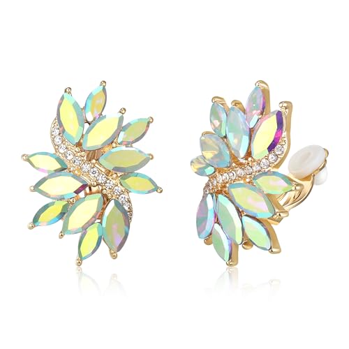 Flyonce Rhinestone Clip On Stud Earrings for Women, Glitter Marquise Crystal Wedding Party Vintage Statement Non Pierced Earring for Brides Bridal Cocktail Prom Jewelry Silver-Tone - color: Iridescent Gold-Tone