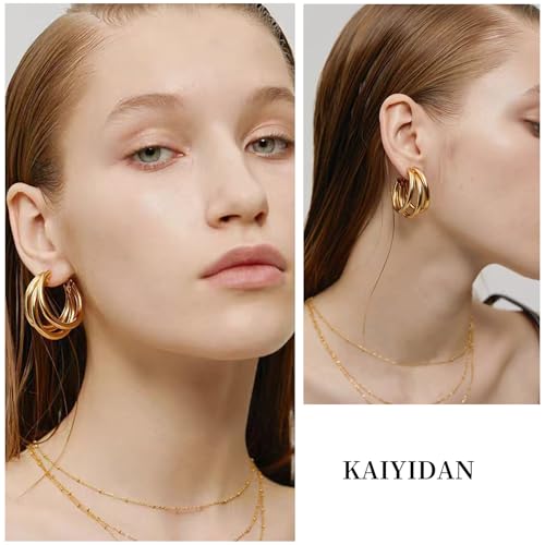 2 Pairs Gold/Silver Hoop Earrings For Women Set Trendy,14K Plated Gold Chunky Huggie Hoop Earings Pack,Oval Twisted Statement Silver Hoops,Fashion Jewelry Gift - color: 10) triple hoop