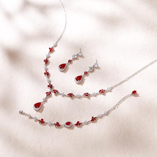 Teardrop Marquise Cubic Zirconia Wedding Prom Jewelry Set for Women Bridal | Silver/Gold/Rose Gold Plated, Pear Cut Pendant Necklace Drop Earrings Link Bracelet, for Bride Bridesmaid, for Banquet Party - style: A_Three Set, Red