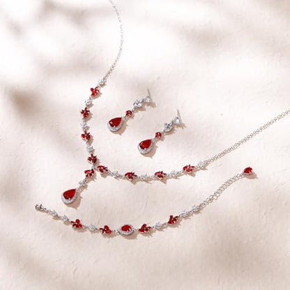 Teardrop Marquise Cubic Zirconia Wedding Prom Jewelry Set for Women Bridal | Silver/Gold/Rose Gold Plated, Pear Cut Pendant Necklace Drop Earrings Link Bracelet, for Bride Bridesmaid, for Banquet Party - style: A_Three Set, Red