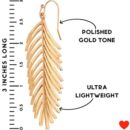 Palm Leaf Earrings for Women - Boho Tropical Dangle Earrings | Plated in Gold Tone or Silver Tone - color: 3" inch - Gold
