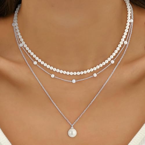 Pearl Necklaces for Women Trendy, 18K Gold/Silver Plated Layered Pearl Necklaces Dainty Pearls Choker Necklace and Earring Set Birthday Gifts for Mom Wife Daughter Sister Friends - color: Silver Pearl Necklace-3pcs