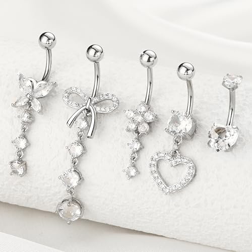 BSJ4U Belly Button Ring Dangle Navel Belly Piercing Jewelry Cute Pink CZ Heart Butterfly Bow Flower Navel Belly Rings for Women 14G Silver Stainless Steel Dainty Dangly Dangling Belly Button Piercing - color: Clear CZ Belly Button Rings