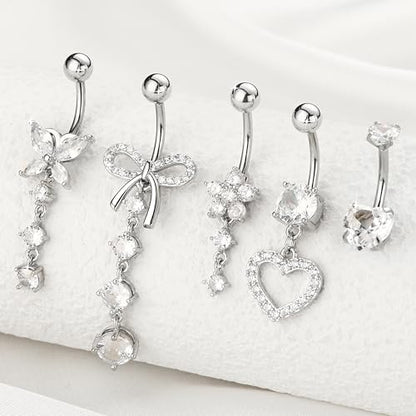 BSJ4U Belly Button Ring Dangle Navel Belly Piercing Jewelry Cute Pink CZ Heart Butterfly Bow Flower Navel Belly Rings for Women 14G Silver Stainless Steel Dainty Dangly Dangling Belly Button Piercing - color: Clear CZ Belly Button Rings