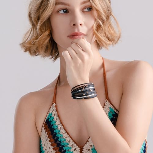 Stackable Beaded Leather Wrap Bracelet Boho Western Country Beach Jewelry | Layered Bead Stack Multi Strand Magnetic Clasp Cuff Bangle Bohemian Hippie Cowgirl Fashion Summer Vacation Outfits for Women - color: Black