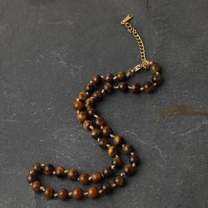Semi Precious Stone Beaded Choker Necklace 14K Gold Plated Natural Stone Double Strand Necklace Layered Short Necklaces - color: Square Blue Spotted Stone