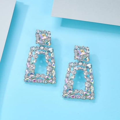 Flyonce Rectangle Clip-on Drop Earrings for Women, Sparkly Rhinestone Crystal Geometric Statement Non Pierced Earring Wedding Prom Party Jewelry for Brides Bridesmaid - color: Iridescent Clear AB Silver-Tone