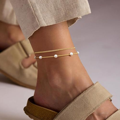 Gold Ankle Bracelets for Women, Dainty 14K Gold Plated Anklets for Women Waterproof Cuban Link Chain Pearl Anklet Set Trendy Layered Stackable Ankle Bracelet Non Tarnish Jewelry for Her - color: A0084