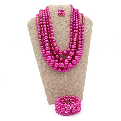 Faux Big Pearl Srand Necklaces for Women 5 Layers Pearls Choker Bib Collar Necklace Bracelet and Earrings set 1920s Costume Pearl Jewelry Bridal Wedding - color: fuchsia