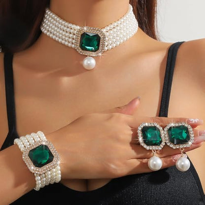 Fashion Bride Silver Black Green Bridal Layered Rhinestone Crystal 1920s Faux Pearls Necklace Earrings Bracelet Set Crystal Wedding Jewelry Set Rose Red Square Choker Necklace for Women - color: Green
