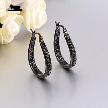 925 Sterling Silver Post Hoop Earrings for Women Gilrs Multcolors Cubic Zircon Hoops 14K Gold Plated Oval Chunky Hoop Earrings Jewelry Gift for Mothers Day/July 4th/Wedding/Party/Christmas - color: Black