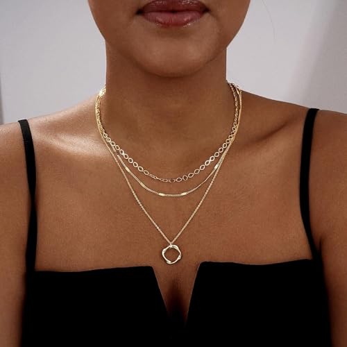 Gold Layered Necklaces for Women Stack Boho Stacking Layering 14K Gold Plated Chain Necklaces Set Cuban Link Herringbone Twist Chain Square Coin Pendant Necklace Jewelry Gifts Trendy Stuff - color: B Gold Layered Circle Neckalce