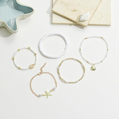 Shell Ankle Bracelet For Women Boho Beaded Seashell Starfish Conch Pearl Sea Turtle Puka Layered Gold Anklet Set Hawaiian Summer Beach Handmade Foot Jewelry Gift Set Adjustable - style: scallop