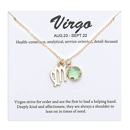 14k Gold Plated Zodiac Birthstone Crystal Pendant Necklace, Horoscope Sign Charm Necklace for Women Birthday Gift - color: Virgo-Aug.