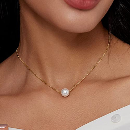 Zeffy Pearl Necklace 8MM Dainty Round Imitation Pearl Choker Necklace Wedding Pearl Necklace Delicate Jewelry for Women Simple Bridesmaid Jewelry Gifts - style: Style6-10mm Gold Single Pearl Necklace