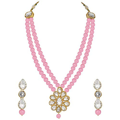 Aheli Wedding Faux Kundan Pendant Beaded Necklace Earrings Set Bollywood Indian Bharatanatyam jewellery set Gift for Women - color: Pink