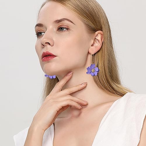 Bohemian Daisy Flower Matte Floral Long Petal Drop Dangle Earrings Layered Tiered for Women Chic Boho Wedding Jewelry - color: Violet