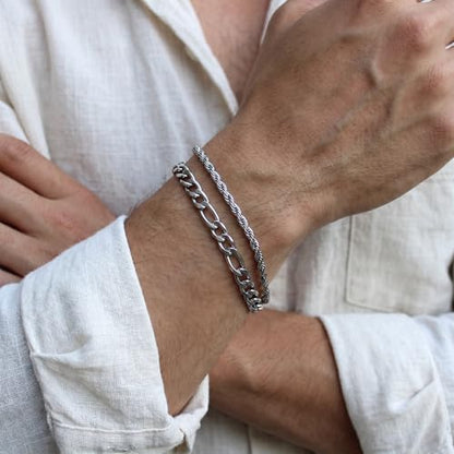 Mens Bracelet - Dainty Gold/Silver Chain Bracelet Stack 14K Gold Plated Silver Bracelets for Men Stainless Steel Adjustable Cross Charm Cuban Link Bracelet Snake Jewelry Set to Men Dad Birthday Day - color: S3, size: 7+2 Inch