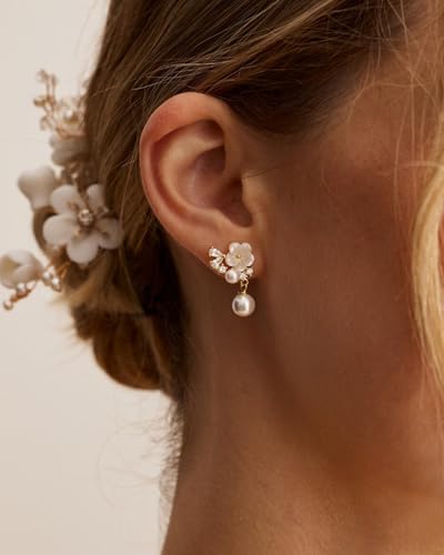 Pearl Earrings for Women Trendy Dainty Wedding Earring 14K Gold Plated/Silver Plated Dainty Cute Drop Dangle Pearl Earrings Studs Hypoallergenic CZ Diamond Wedding Earrings for Brides Prom Jewelry Gift for Women - color: 01.Gold flower