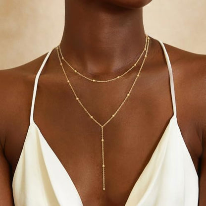 Lariat Gold Necklaces for Women Trendy Dainty Long Necklace 14k Gold Plated/Silver Layered Drop Beaded Chain Necklaces Y-shaped Pendant Necklace Simple Gold Jewelry Gifts - color: Beaded-Gold