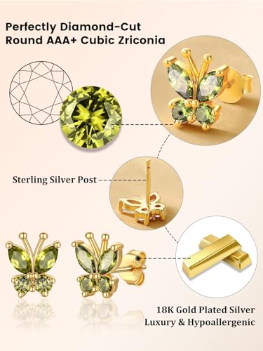 Bestyle Gold Butterfly Earrings for Women, Dainty Cute Birthstone Studs Hypoallergenic Jewelry, Great Birthday Gift - style: August (Peridot)-Gold STUD