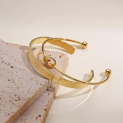 Gold Bangle Bracelets for Women Non Tarnish, 18k Gold Bracelet Stack Layered Chunky Cuff Bracelet Knot Cross Bowknot Bracelets Trendy Jewelry Set for Women Gifts - color: S03