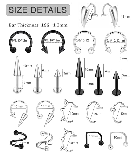 36Pcs 16G Stainless Steel Lip Rings for Women Men Snake Bite Piercing Labret Jewelry Monroe Barbell Spike Nose Stud